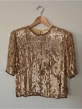 Gold Sequin Silk Short Sleeve Top - Elegant Evening Blouse Potomac Collection M